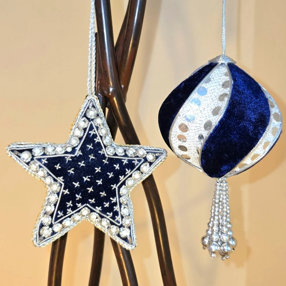 VTG Navy Blue Velvet Pearl Sequin Ornaments Lot of 2, Jeweled Star/Teardrop Ball